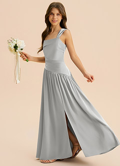 Azazie Dotty Junior A-Linie Plissee Stretch-Satin Kleid Silber image5