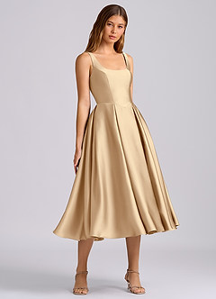 Azazie Amalie Bridesmaid Dresses Champagne A-Line Pleated Stretch Satin Dress image1