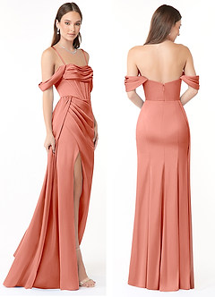 Azazie Amyra Bridesmaid Dresses Coral Mermaid Off the Shoulder Stretch Satin Convertible Dress image8