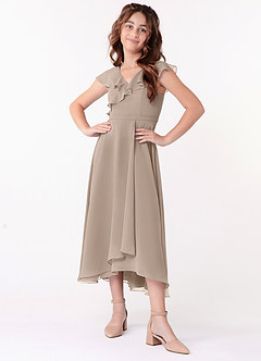 Azazie Posie Junior Taupe A-Line Ruched Chiffon Dress image3