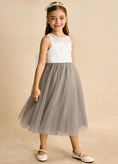 Azazie Lina Flower Girl Dresses Ivory Taupe Ball-Gown Lace Dress image3