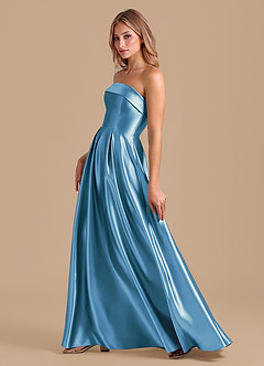 Azazie Lucienne At-home Try On Dresses Dark Green A-Line Pleated Metallic Satin Dress image6