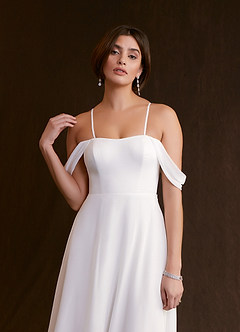 Azazie Ava At-home Try On Dresses Diamond White A-Line Off the Shoulder Stretch Chiffon Dress image7
