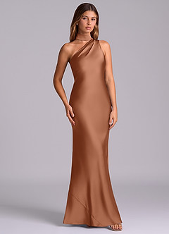 Azazie Seona Robes de demoiselle d'honneur Robe Sirène en Satin extensible Une épaule Bronze image3
