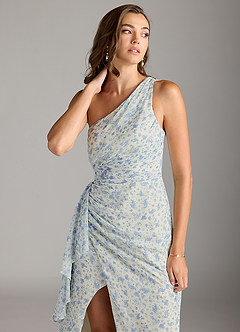 Azazie Maive Bridesmaid Dresses Blue And White Ditsy Floral Sheath Pleated Ruffle Chiffon Dress image7