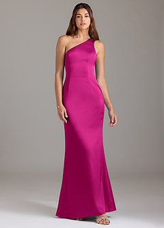 Azazie Arleth Vestidos de damas de honor Vestido de Fucsia de Satén Elástico de Corte en A con Hombro unilateral image1