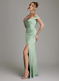 Azazie Teyana Jurken voor bruidsmeisjes Jurk van Stretch Satijn met Kolom Off the Shoulder Agave image6