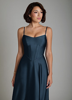 Azazie Nona Bridesmaid Dresses Dark Navy A-Line Pleated Stretch Satin Dress image3