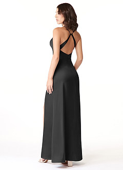 Azazie Geanna Bridesmaid Dresses Black Sheath V-Neck Pleated Stretch Satin Dress image4