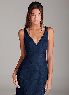 Azazie Tianna Bridesmaid Dresses Dark Navy Sheath Lace Floral Burnout Dress image5