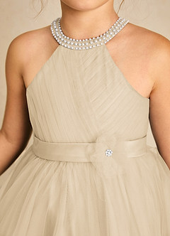 Azazie Honey Flower Girl Dresses Champagne A-Line Beaded Matte Satin Dress image6