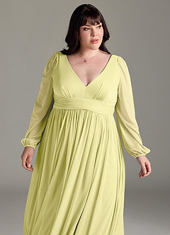Azazie Norah Bridesmaid Dresses Lemon Sorbet A-Line V-Neck Long Sleeve Chiffon Dress image12