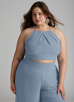 Azazie Kenzi Bridesmaid Dresses Dusty Blue Pleated Chiffon Jumpsuit image11
