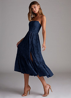 Azazie Delphina Bridesmaid Dresses Dark Navy A-Line Strapless Floral Burnout Convertible Dress image5