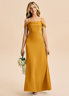 Azazie Lettie Junior Butterscotch A-Line Off the Shoulder Stretch Satin Dress image2