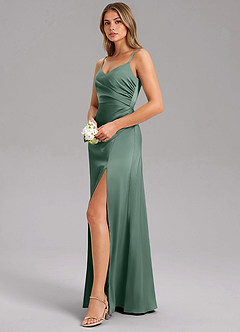 Azazie Azuree At-home Try On Dresses Dusty Sage A-Line Pleated Stretch Satin Dress image4