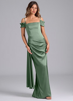 Azazie Kalysia Jurken voor bruidsmeisjes Converteerbaar Jurk van Stretch Satijn met Zeemeermin Off the Shoulder Matcha image4