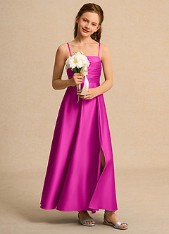 Azazie Pebbles Girl Flower Girl Dresses Fuchsia A-Line Pleated Matte Satin Dress image7