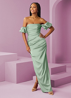 Barbie ♥ Azazie Jurken voor bruidsmeisjes Converteerbaar Jurk van Stretch Satijn met Kolom Off the Shoulder Agave image3