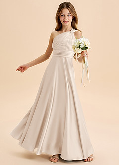 Azazie Charlize Junior Abito A-Line in Raso Elasticizzato Plissettato Alabastro Bianco image4