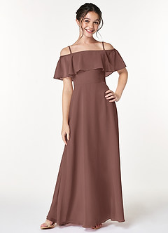 Azazie Maggie Junior Robe Trapèze en Mousseline de soie Épaule décolletée Expresso image1