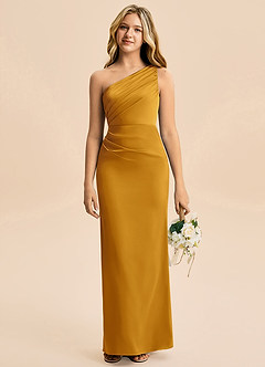 Azazie Akilah Junior Butterscotch Sheath Pleated Stretch Satin Dress image1