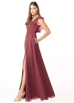 Azazie Jinny Jurken voor bruidsmeisjes Jurk van Chiffon met A-Lijn Vierkante halslijn gerimpeld Merlot image3