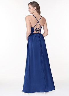 Azazie Raya Bridesmaid Dresses Royal Blue A-Line V-Neck Pleated Stretch Satin Dress image2