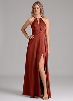 Azazie Evalleen Brautjungfernkleider A-Linie Plissee Stretch-Satin Kleid Terrakotta image1