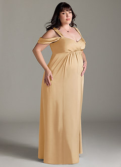 Azazie Rhea Zwangerschaps Bruidsmeisjekleding A-Lijn Off The Shoulder Geplooid Stretch Satijn Vloerlengte Jurk image10