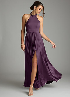 Azazie Zienna 신부 들러리 드레스 A라인 주름진 스트레치 새틴 바닥 길이 드레스 image3