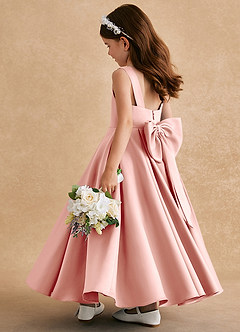 Azazie Honey Bear Blumenmädchenkleider A-Linie Plissee Matte Satin Kleid Rosettenrosa image4