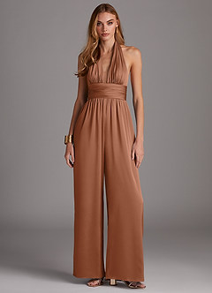 Azazie Oli Jurken voor bruidsmeisjes Jumpsuit van Stretch Satijn Geplooid Bronzeertint image3