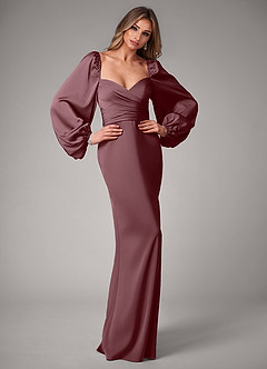 Azazie Sonata Bridesmaid Dresses Sangria Sheath Long Sleeve Stretch Satin Convertible Dress image5