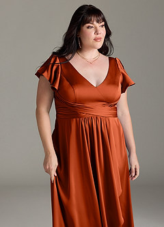 Azazie Omari Robes de demoiselle d'honneur Robe Trapèze en Satin extensible Paprika image13