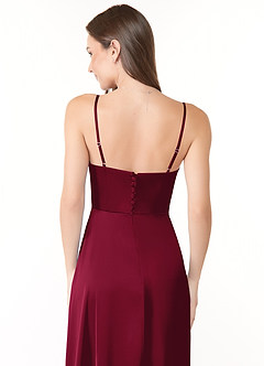 Azazie Halsey Bridesmaid Dresses Burgundy Sheath Side Slit Stretch Satin Dress image3