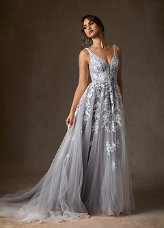 Azazie Sorella Wedding Dresses Diamond White Cocoa A-Line V-Neck Sequins Tulle Dress image4