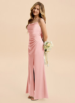 Azazie Minnie Junior Powder Pink Sheath Ruched Stretch Satin Dress image3