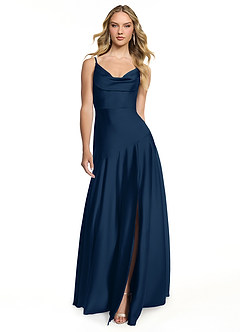 Azazie Kayla Bridesmaid Dresses Dark Navy Sheath Side Slit Stretch Satin Dress image1