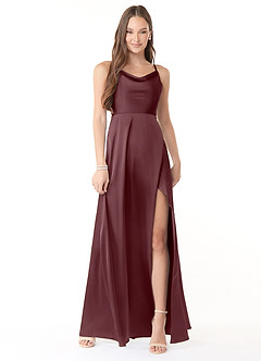 Azazie Naomie Final Sale Sangria A-Line Cowl Neckline Side Slit Stretch Satin Dress image1