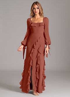 Azazie Candice Brautjungfernkleider A-Linie Langarm Chiffon Kleid Rotbraun image1