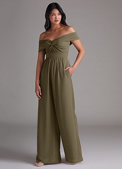 Azazie Lamara Robes de demoiselle d'honneur Combinaison Convertible en Mousseline de soie Épaule décolletée Vert Saule image4