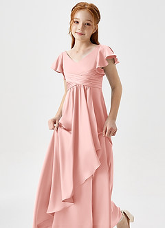 Azazie Omari Junior Powder Pink A-Line Pleated Stretch Satin Dress image1