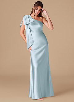 Azazie Capri Bridesmaid Dresses Sky Blue Sheath One Shoulder Metallic Satin Dress image1