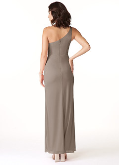 Azazie Cassia Final Sale Taupe Sheath One Shoulder Mesh Dress image2