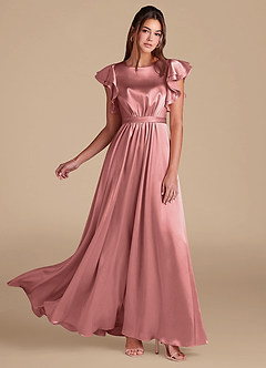 Azazie Daphne Modest Bridesmaid Dresses A-Line Ruched Metallic Satin Floor-Length Dress image1