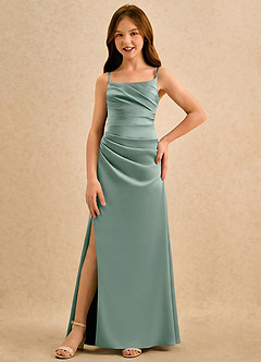 Azazie Cannoli Girls Formal Robe Demoiselle D'honneur Fillette Robe Trapèze en Mat Satiné Plissé Sauge D'argent image3