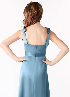 Azazie Barbara Junior Steel Blue A-Line Bow Stretch Satin Dress image4