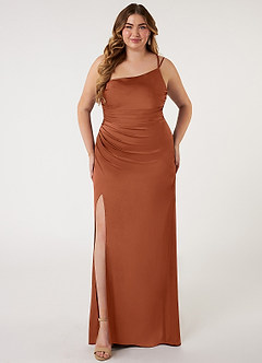 Azazie Eren Robes de demoiselle d'honneur Robe Sirène en Satin extensible Ue épaule Rose De Cèdre image6
