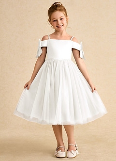 Azazie Amie Flower Girl Dresses Ivory A-Line Off the Shoulder Matte Satin Dress image3